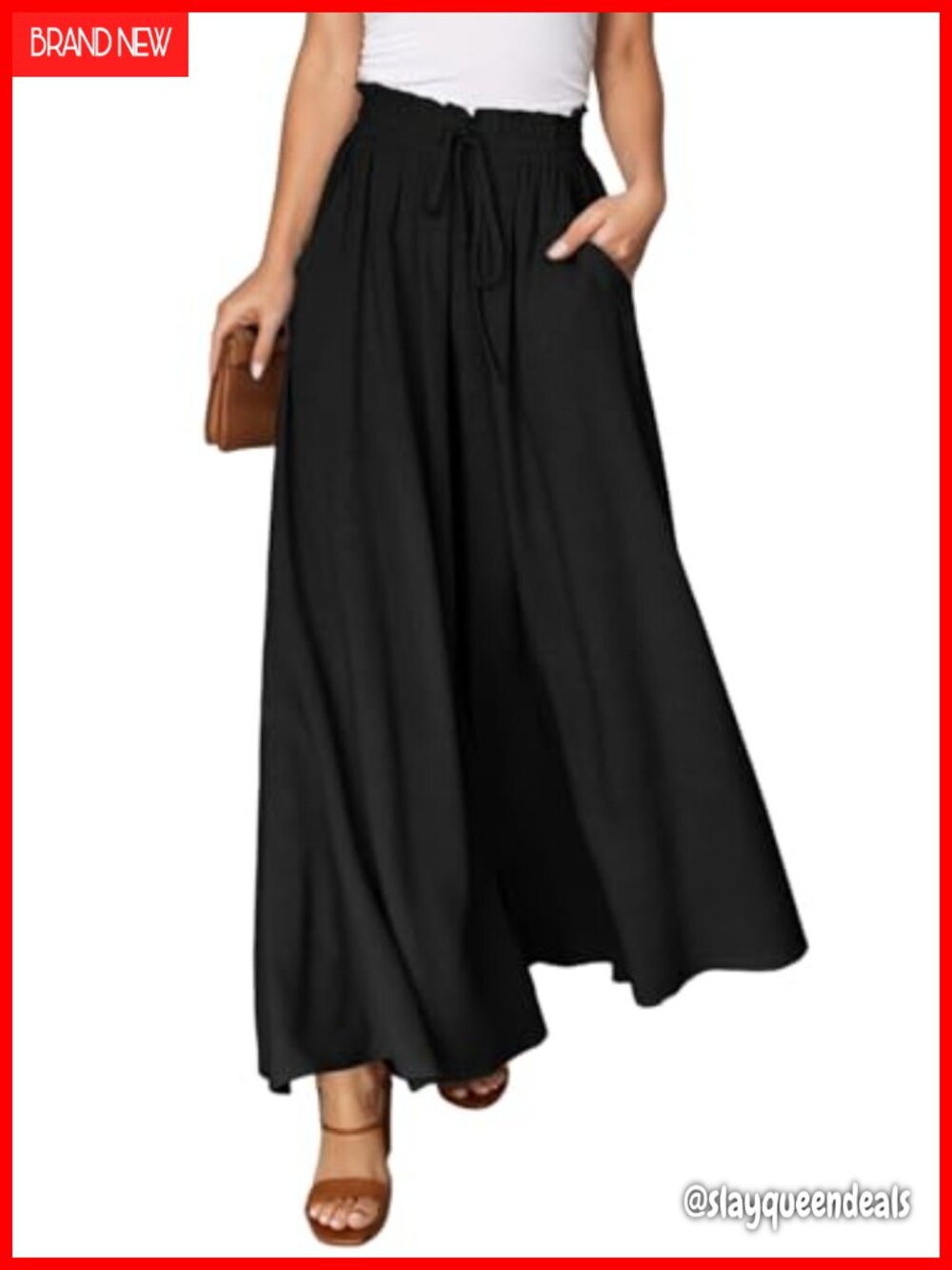Wide Leg Pants Elastic High Waist Drawstring Side Pockets Loose Fit Casual